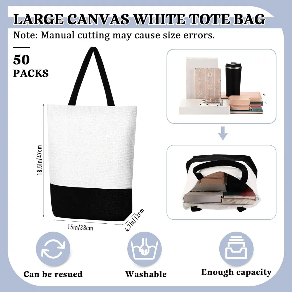 50 Pieces Large Canvas Tote Bags Reusable Sublimation Blank Plain Bags Bulk with Zipper for DIY Crafts Shopping Women Teacher(Ve