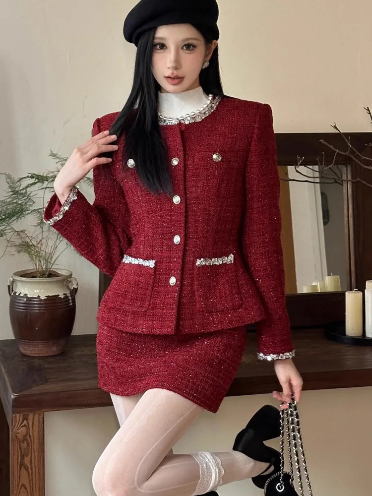 جودة عالية أزياء تويد الدعاوى النساء الحلو شيك سترة معطف + تنورة قصيرة 2 قطعة مجموعات الإناث الفرنسية أنيقة قطعتين وتتسابق #2