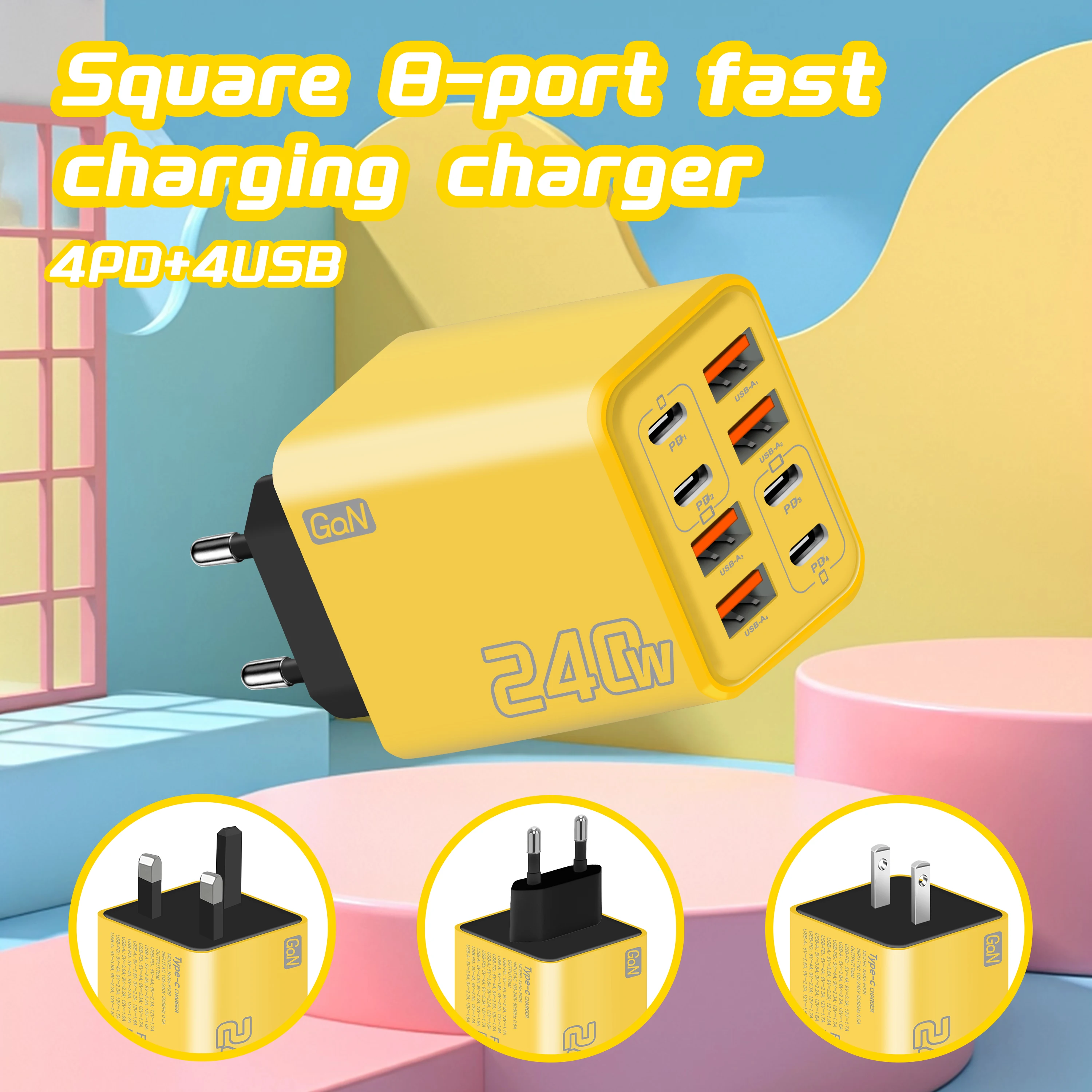 8 in 1 GaN USB C Desktop Charger 240W Fast Charge Phone Adapter Type C Cable For iPhone Samsung Xiaomi EU/US/UK Plug Charger