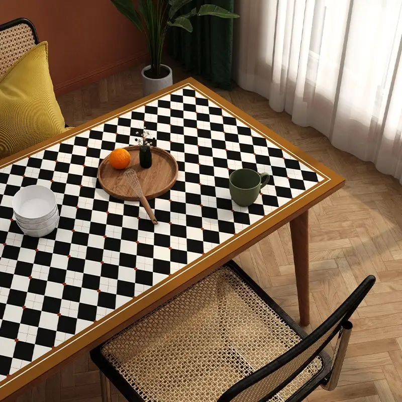 Retro Checkerboard Leather Table Mat Tea Table Tablecloth Waterproof, Oil-proof, Wash-free and Scalding PVC Living Room