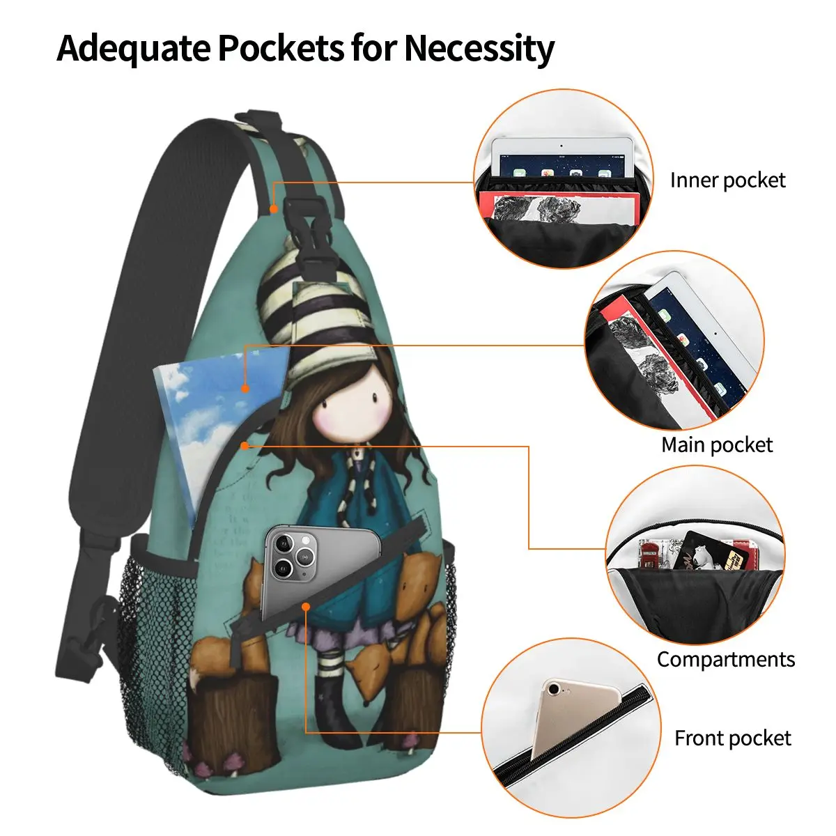 Santoro Gorjuss Doll Crossbody Sling Bags Cool Chest Bag Art Cartoon Shoulder Backpack Daypack for Hiking Travel Biking Pack