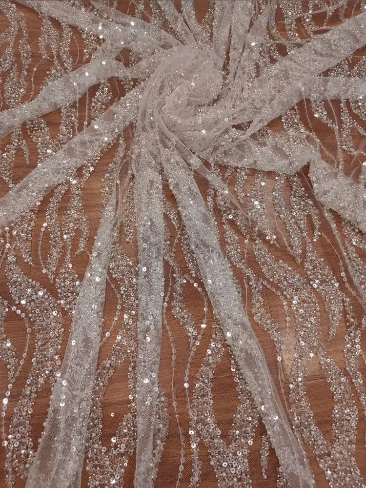 Premium Silver Beaded Sequins Wave Lace Tulle for DIY Wedding and Evening Dress Lace Trim HighQuality Clothing Accessories Set