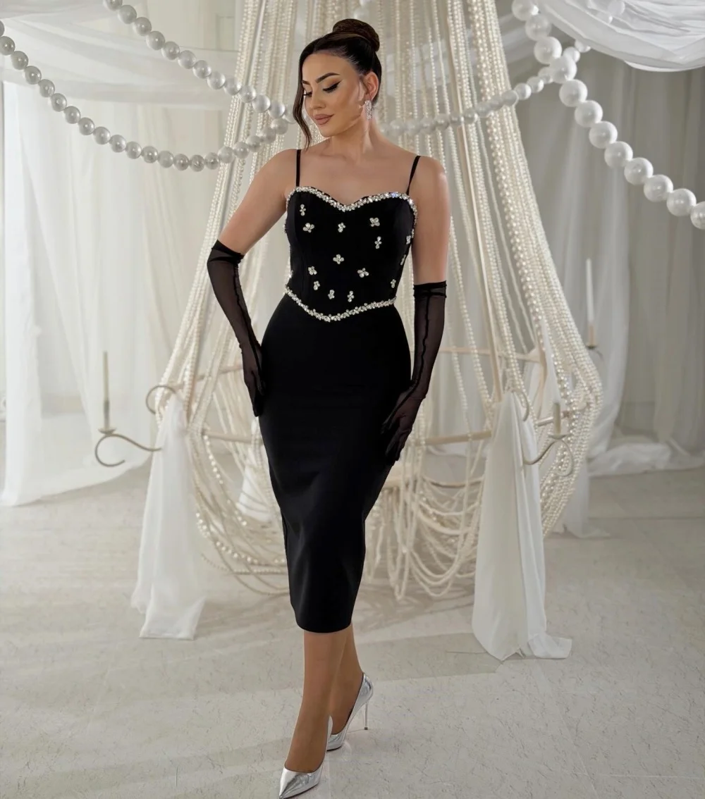 Customized Charming Sweetheart Evening Dress With Spaghetti Strap Rhinestone StraightMidi Dresses Wedding Party Dress Elegant