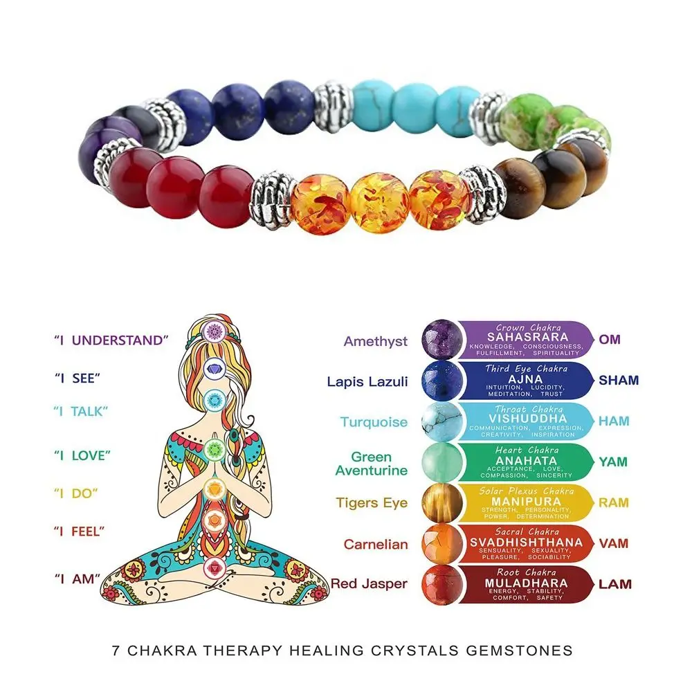 New Colorful Crystal Gemstone Bracelet Glass Jewellery 7 Chakra Bead Bangle Agate Adjustable Stone Beaded Bracelet Women