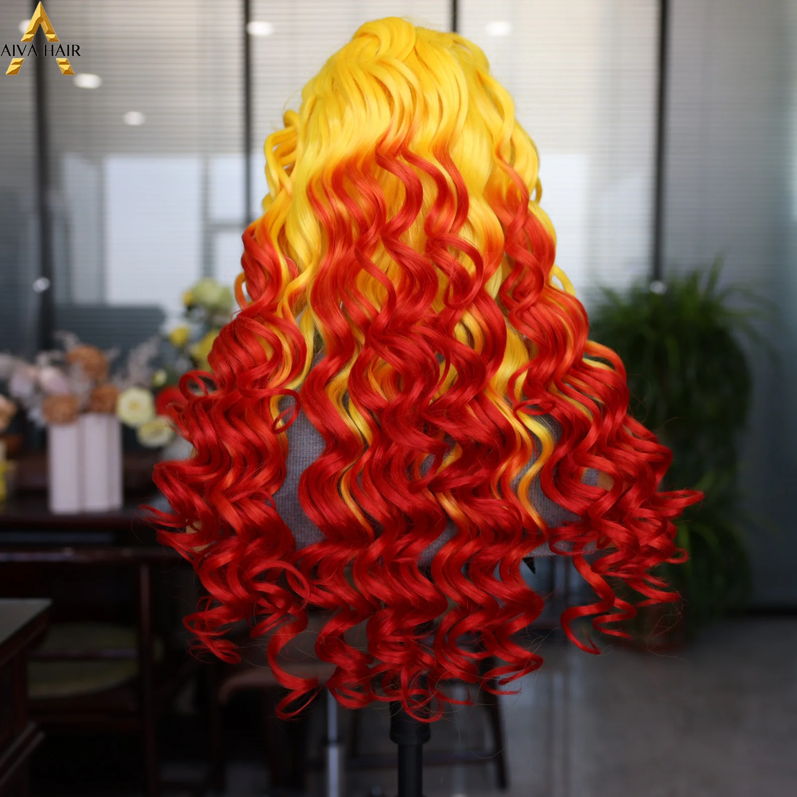 Aiva Red Yellow Gradient Synthetic High Quality Wig Long Wave for Black Women Cosplay Party Wig 180 Density Natural Hair Line