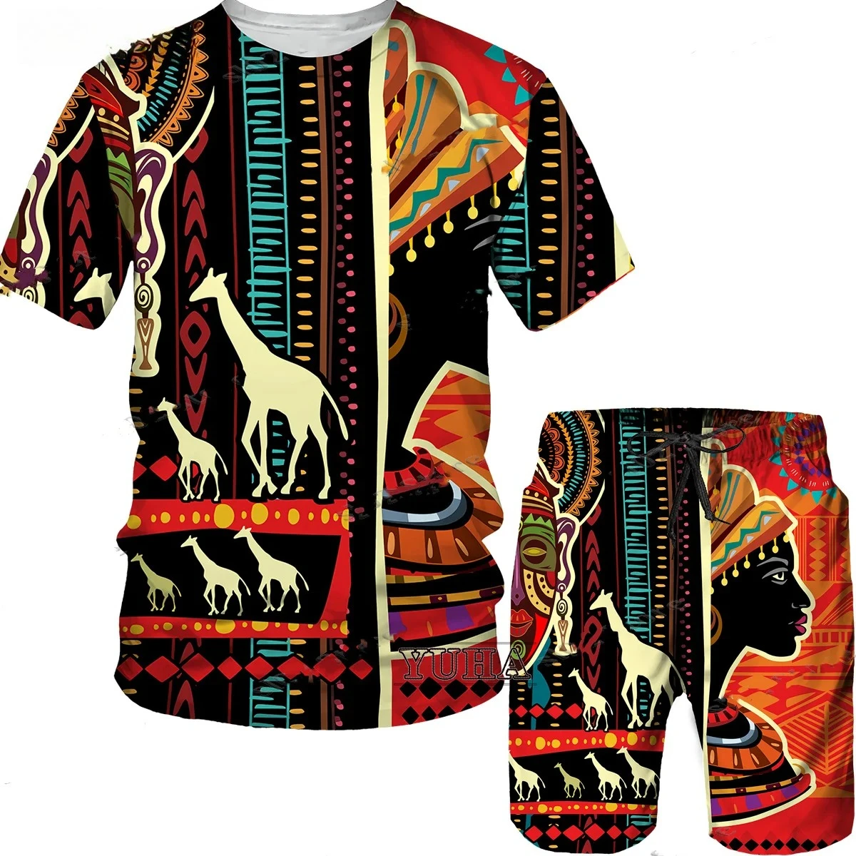 2025 Men's T-shirt and Shorts Set, 2-piece Summer 3D Printed African Folk Pattern, Hip-hop Style Short-sleeved Round Neck