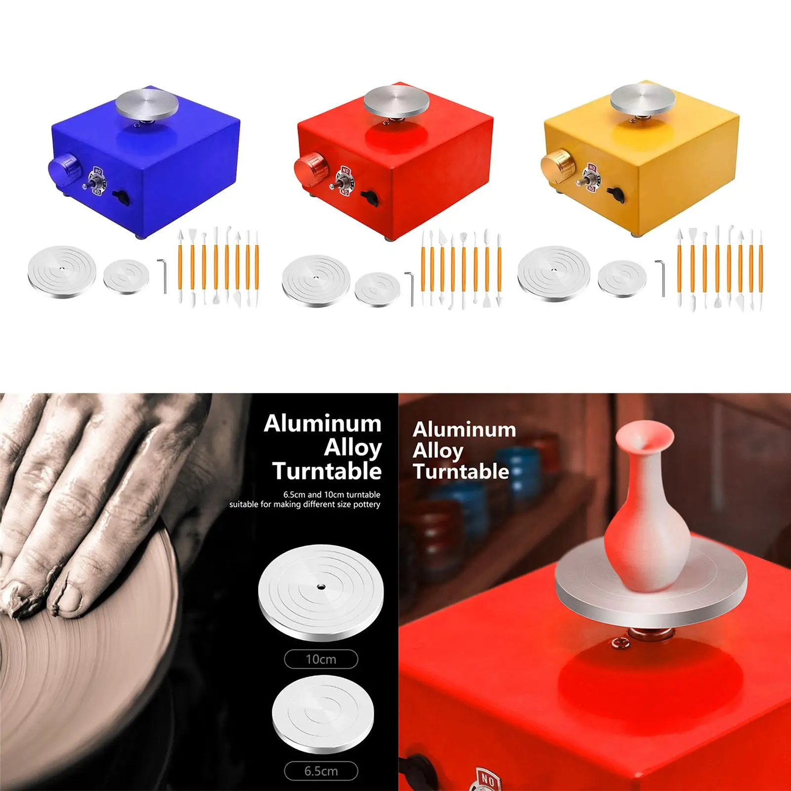 Elektryczny obrotówka ceramiczna z regulacją prędkości i 8 narzędziami do modelowania gliny.