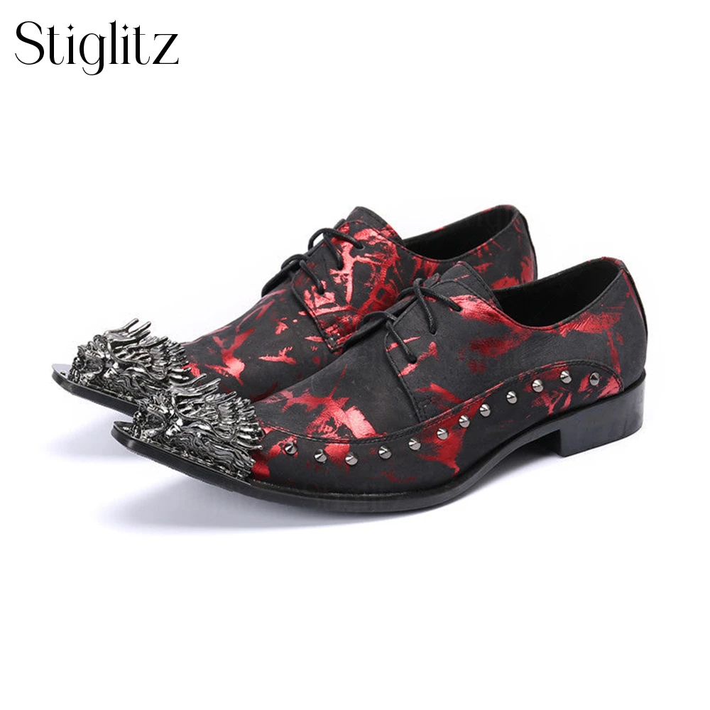 

Luxurious Metal Tip Shoes Studded Punk Style Dress Shoes Red Painted Handmade Pointed Toe Lace-Up Shoes Elegant Satin Men Shoes