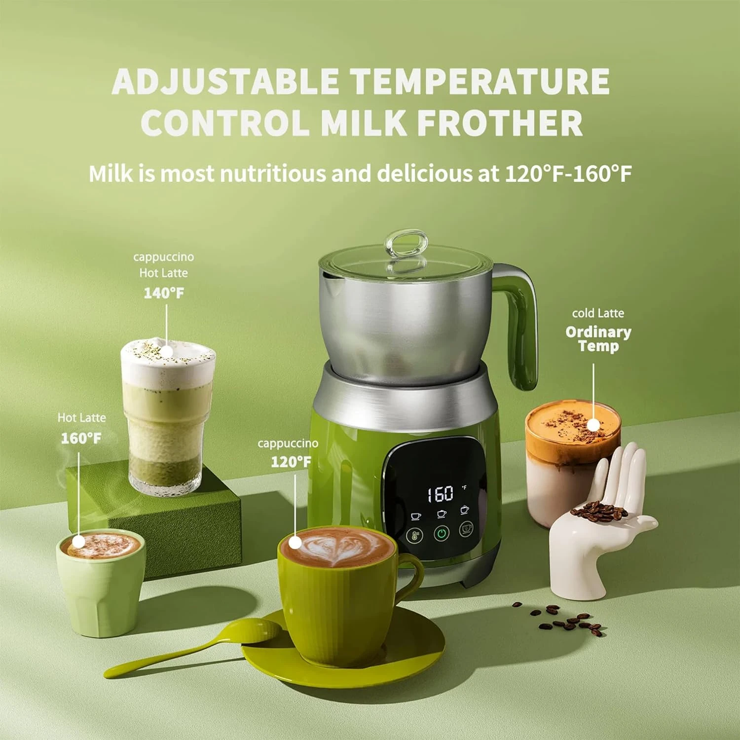 Milk Frother, Variable Temp and Froth Thickness Milk Frother and Steamer, Ultra-Large 21oz Touch Control Milk Warmer Green