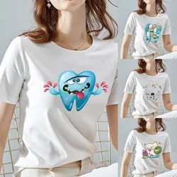 Cute Teeth Pattern T Shirt Women Harajuku Style Top O-neck Tshirt White Streetwear Classic All-match Short Sleeve T-shirt 2022