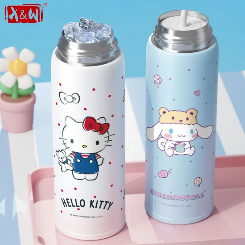 X&W For Sanrio 500ml Pop-up Thermos Cup Stainless Steel Thermal Mug Cartoon Kuromi Coffee Cups Leak-proof Sports Straw Tumbler
