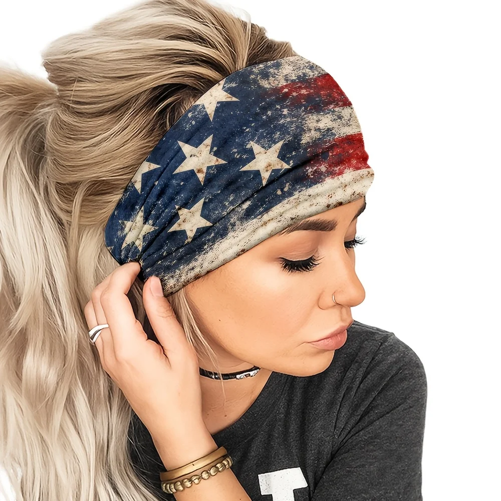 1pc retro American flag pattern headband Soft and elastic headband, breathable perspiration-wicking fabric, suitable for yoga, running, gym and exercise, using twist and knot design sports headscarf, soft fabric comfortable and breathable, summer