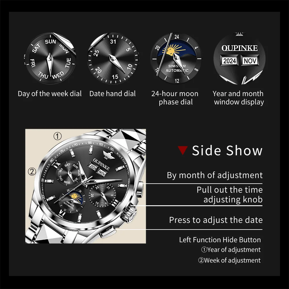 OUPINKE Moon Phase Fully Automatic Mechanical Watch for Men Tungsten Steel Strap Waterproof Luminous Calendar Men\'s Wristwatches