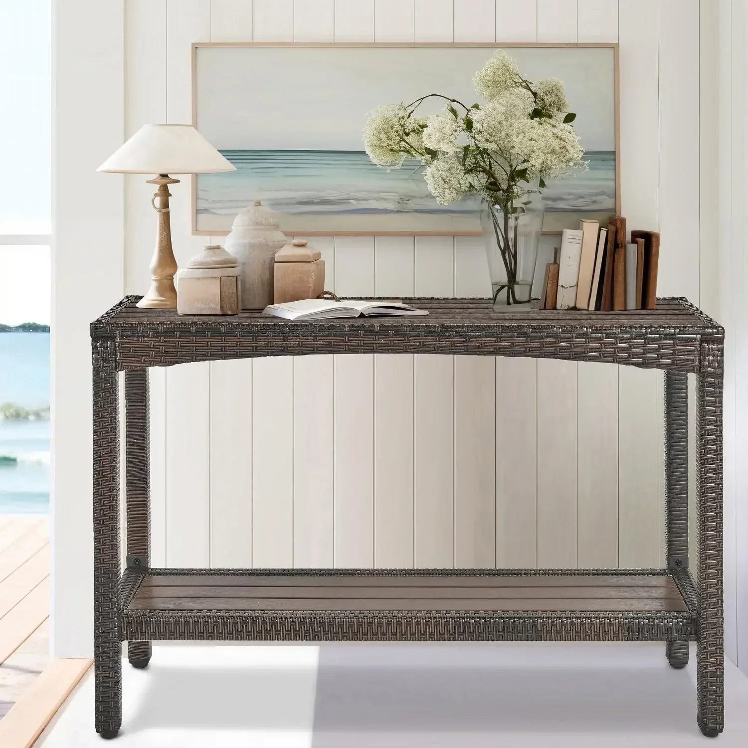 [Best Seller, Buy Now!]Premium Outdoor Console Table Patio Buffet Bar Storage Organizer 45" Long Wicker Sofa Serving Sideboard T