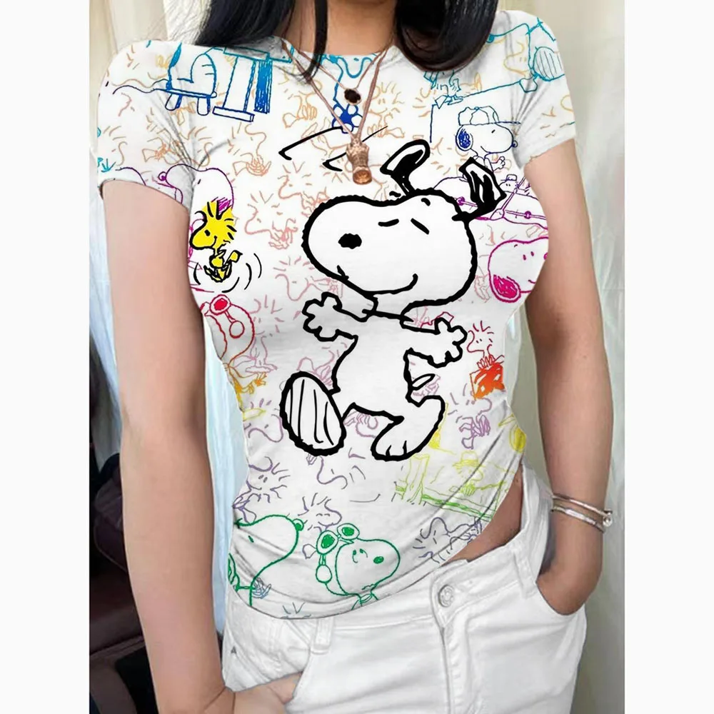 Basic short sleeved women\'s T-shirt Snoopy print top women\'s fashion Korean T-shirt round neck tight top