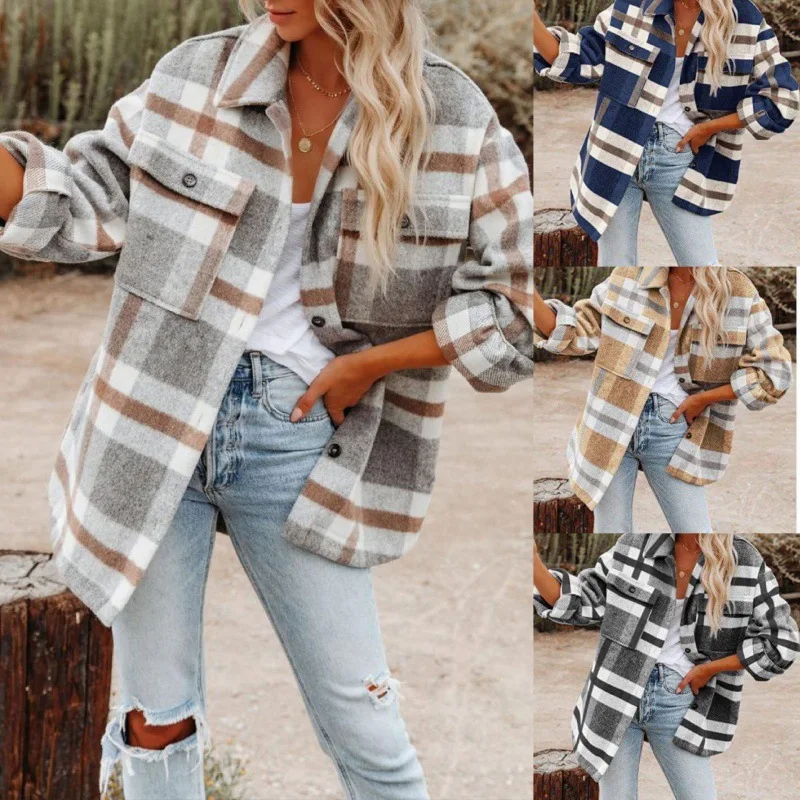 

2023 AutumnWinter European and American Women's Wear Autumn/Winter Long Sleeve Polo Collar Loose Plaid Thickened Woolen Coat