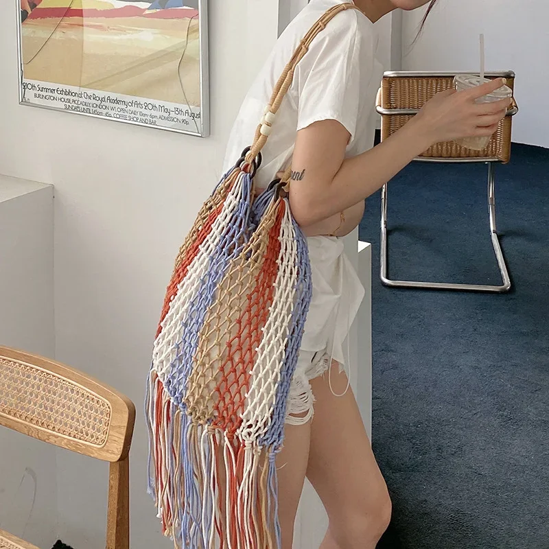 Bolsos de hombro de rejilla con borlas bohemias para mujer, Bolsos De Mujer tejidos de cuerda colorida, bolsos de señora hechos a mano, bolso de