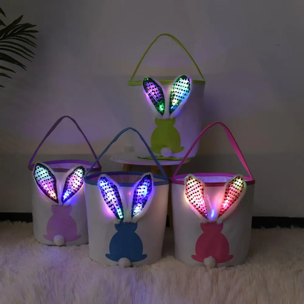 Glowing Rabbit Ears Easter Bunny Tote Bag Decoration 2024 New Easter Egg Hand Basket Easter Bucket Candy Gift Bag