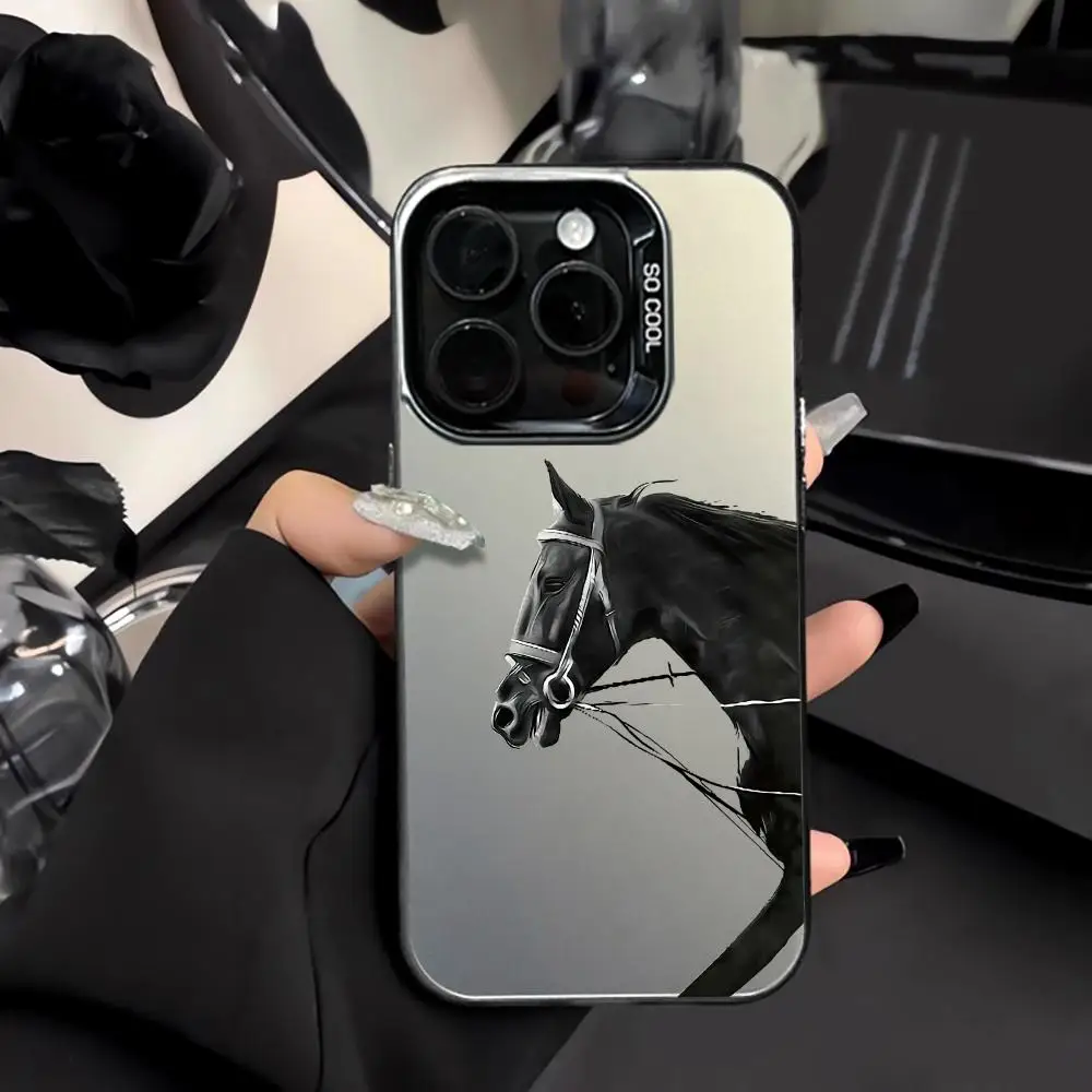 

Black Horses Design Mobile Phone Case Shockproof and Anti Slip Frosted Suitable for iPhone 16 15 14 13 12 11 Pro Max Plus Mini