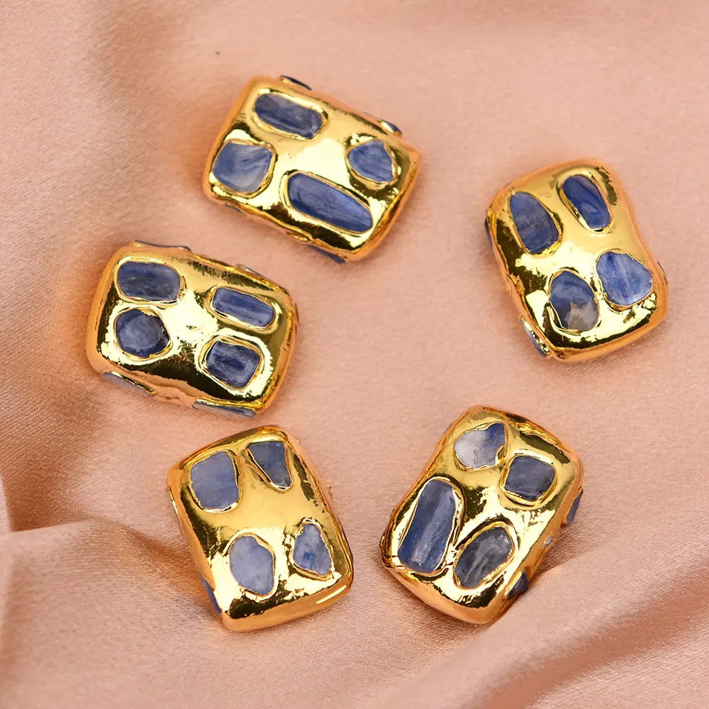 APDGG Wholesale 5 Pcs Big Gold Edged Natural Blue Kyanite Rectangle Beads Gold Trim Accessories Jewelry Findings DIY