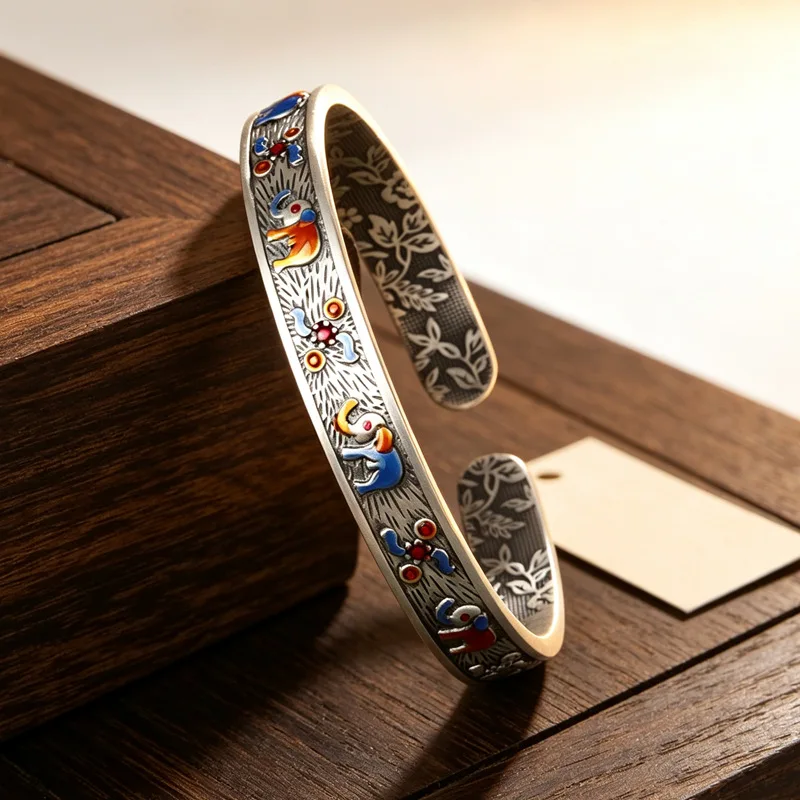 Vintage Elephant Animal & Flower Engrave 925 Sterling Silver Lady Bangle Promotion Jewelry Gifts No Fade