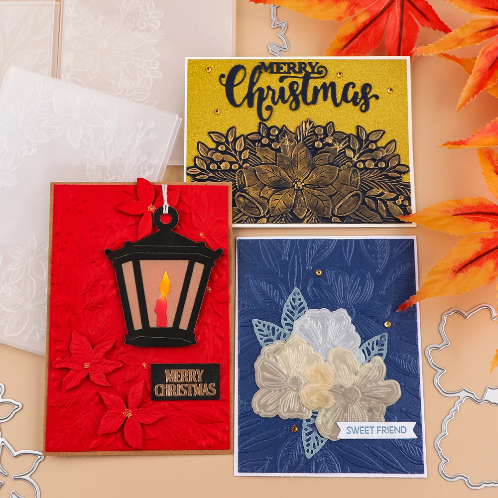 2 Stück/Set Weihnachtsstern-Glocken und Rand, 3D-Prägung, Ordner und Stanzformen, Kunst in Blüte, Textur verblasst, Hintergrundvorlage für die Kartenherstellung