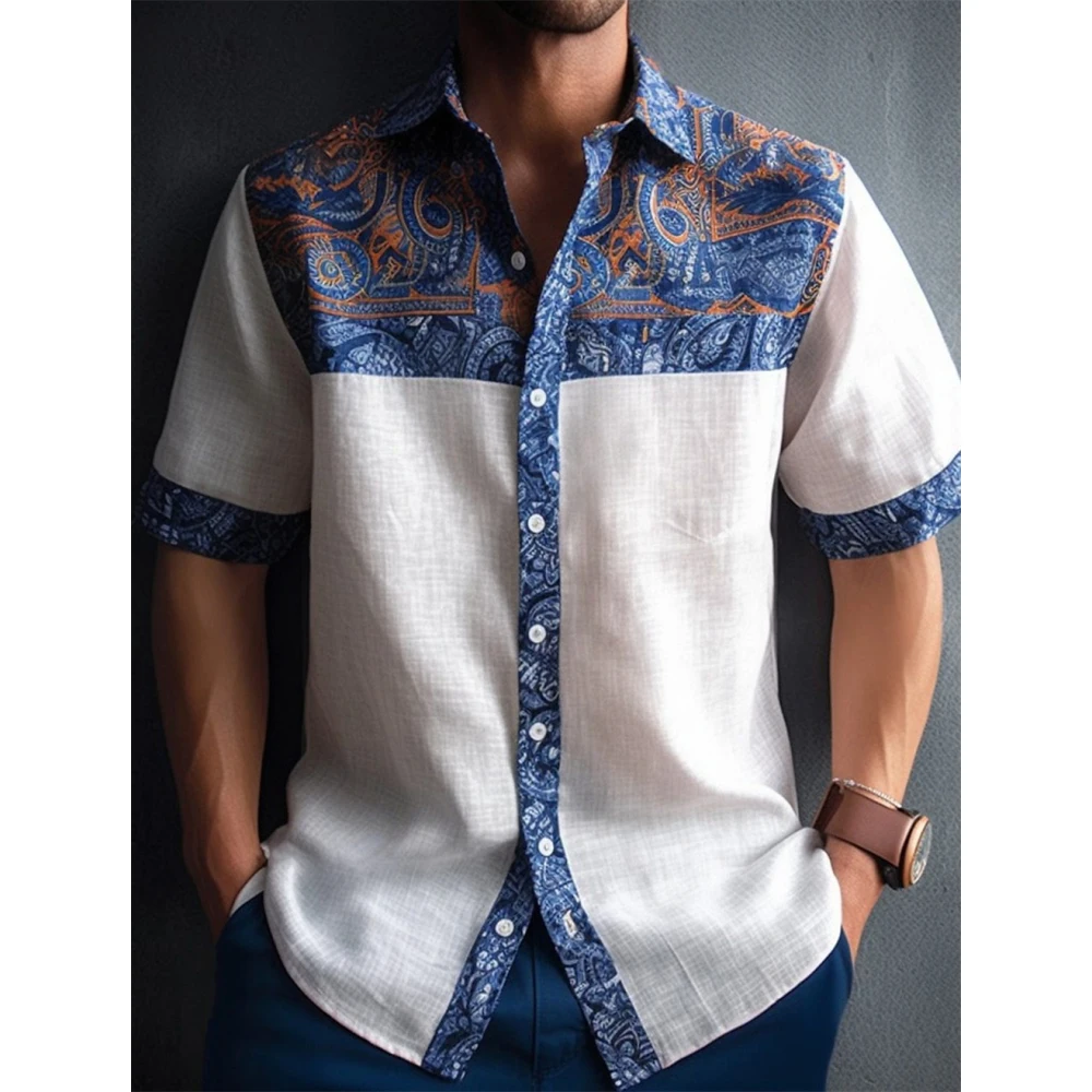 Men Shirt Gradient Check 3D Printing Shirt Blouse Casual Collared Men's Loose Top Fashion Short Sleeves Flip Collar Button Shirt