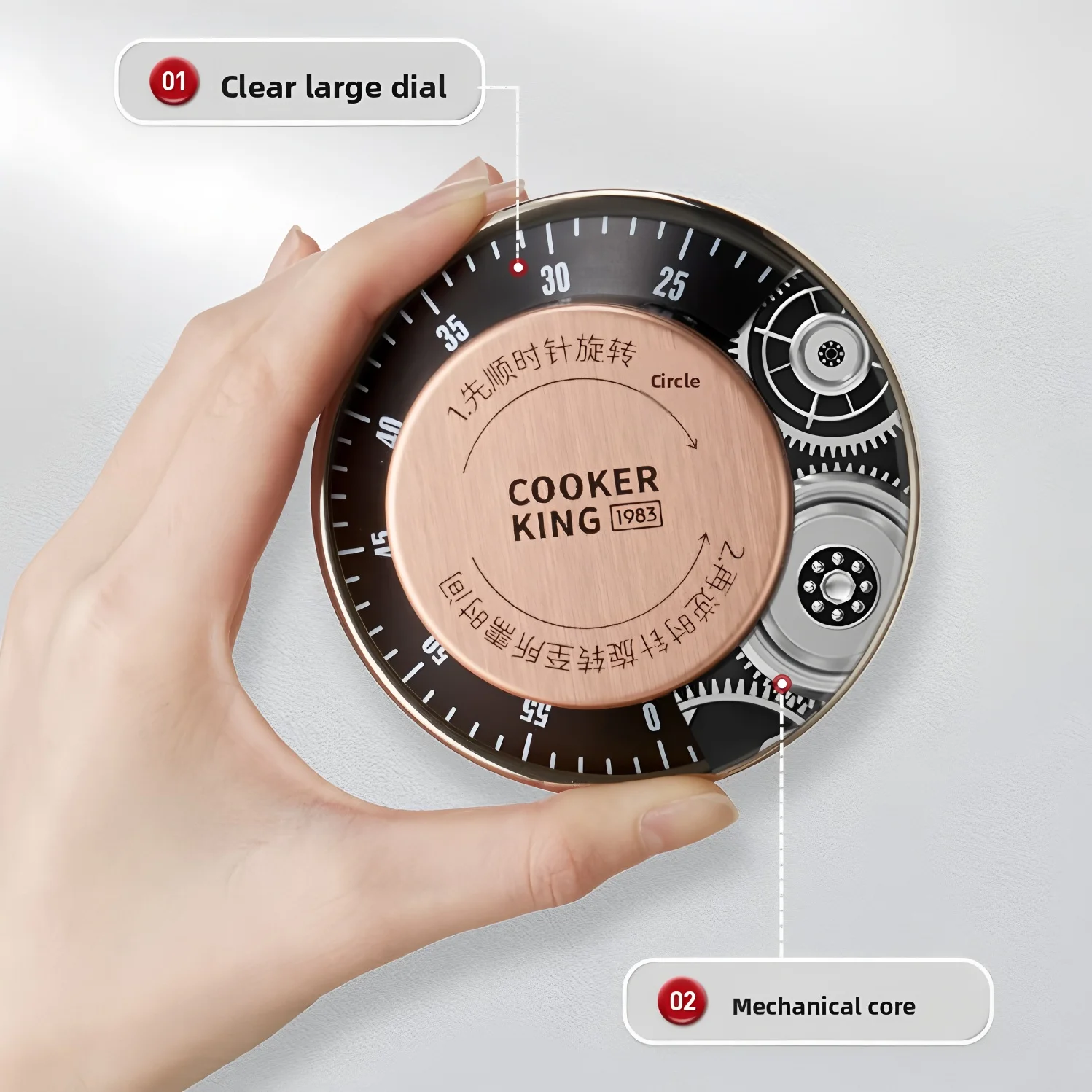 COOKER KING Rose Gold Timer for Kitchen Lid Knob Mechanical Visual No Battery, 75dB Loud Alarm Mountable for Cooking Baking