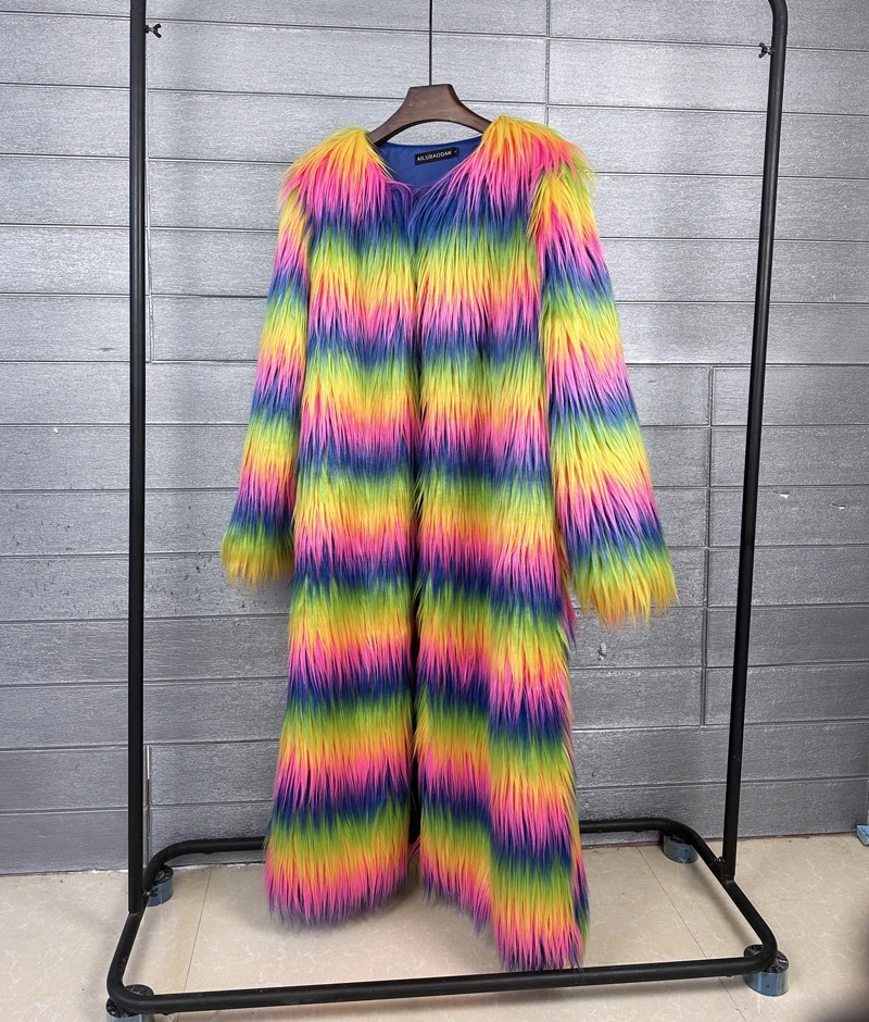 Regenbogenfarbener Pelzmantel aus Bergwolle, verlängerte Länge, Oberbekleidung, feenhafte Lederimitation für Damen und Herren, Pendeln