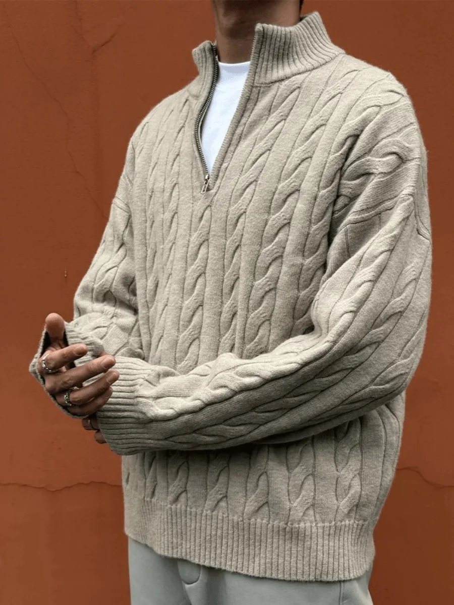 

Мужской вязаный свитер свободного кроя с молнией, рельефным узором, воротником-стойкой, в винтажном стиле, для зимнего отдыха