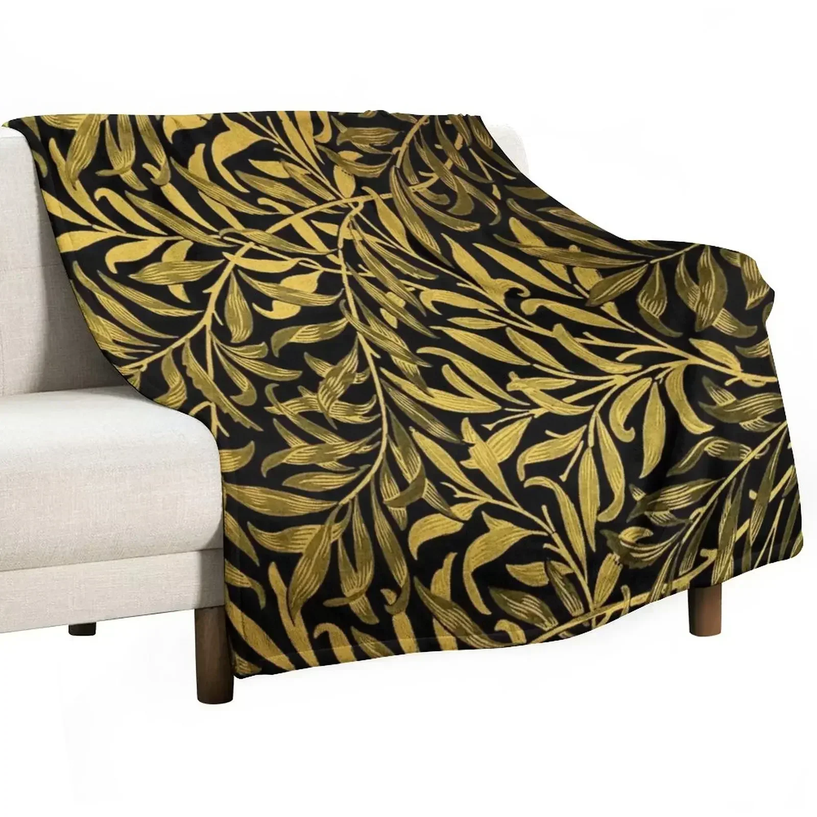 

William Morris Vintage Black and Gold Leaves Pattern Throw Blanket Soft Thermal Blankets