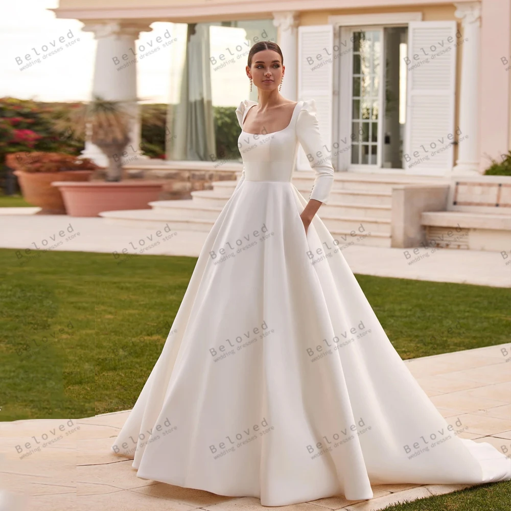 

Modest Wedding Dresses A-Line Satin Bridal Gowns Square Collar Full Sleeves Robes Princess Ball Gowns Vestidos De Novia 2024