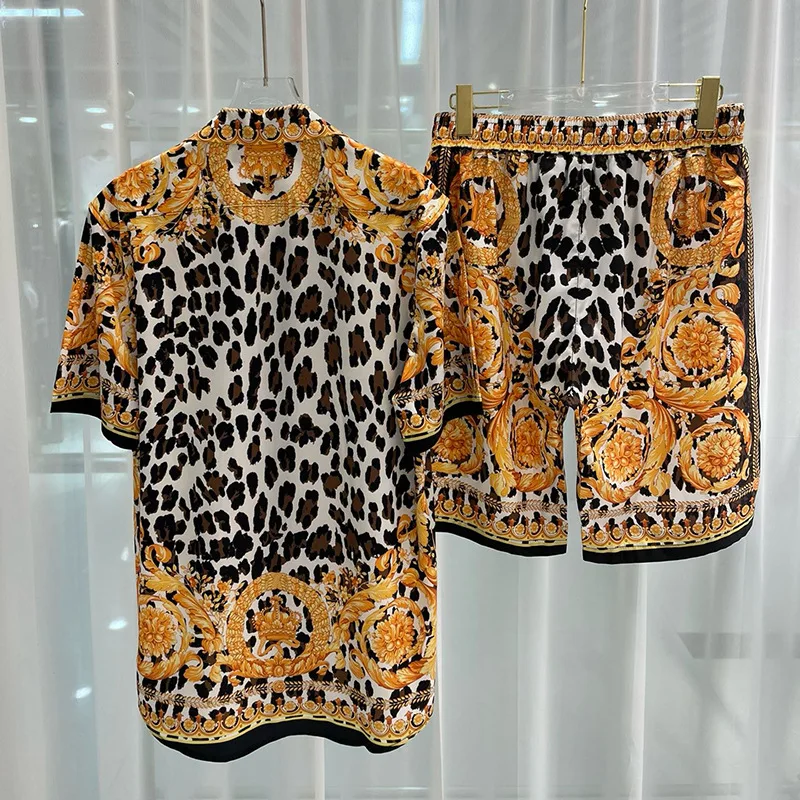Royal Luxury Men Sets Vintage Muster 2 Stück Shorts Anzug Casual Oufits Leoparden bedruckte Kurzarm hemden Ropa Para Hombre