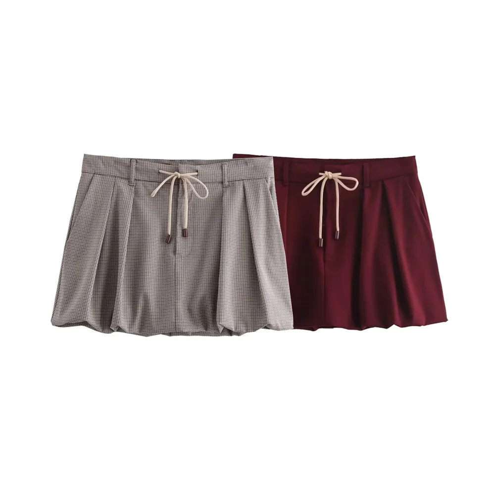 

Autumn/Winter New Product Women's Fashion Versatile Drawstring Strap Grid Style Show Thin Mini Lantern Half Skirt