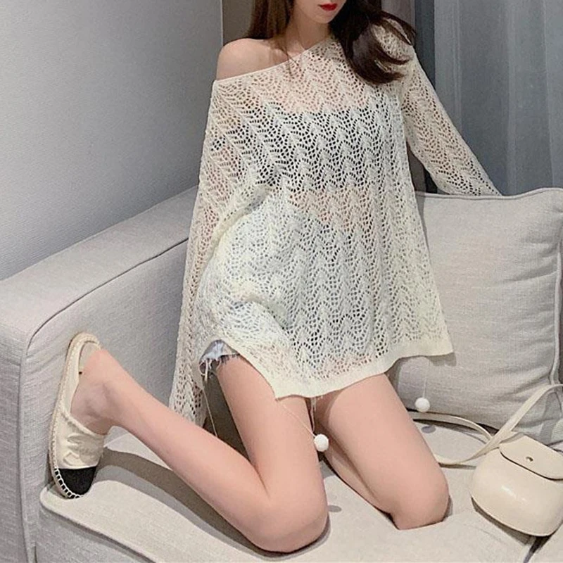 Spring Autumn Loose Thin Style Long Sleeved Sunscreen Knitted Cover Up Mid Length Hollow Out Sexy Top For Women Europe America