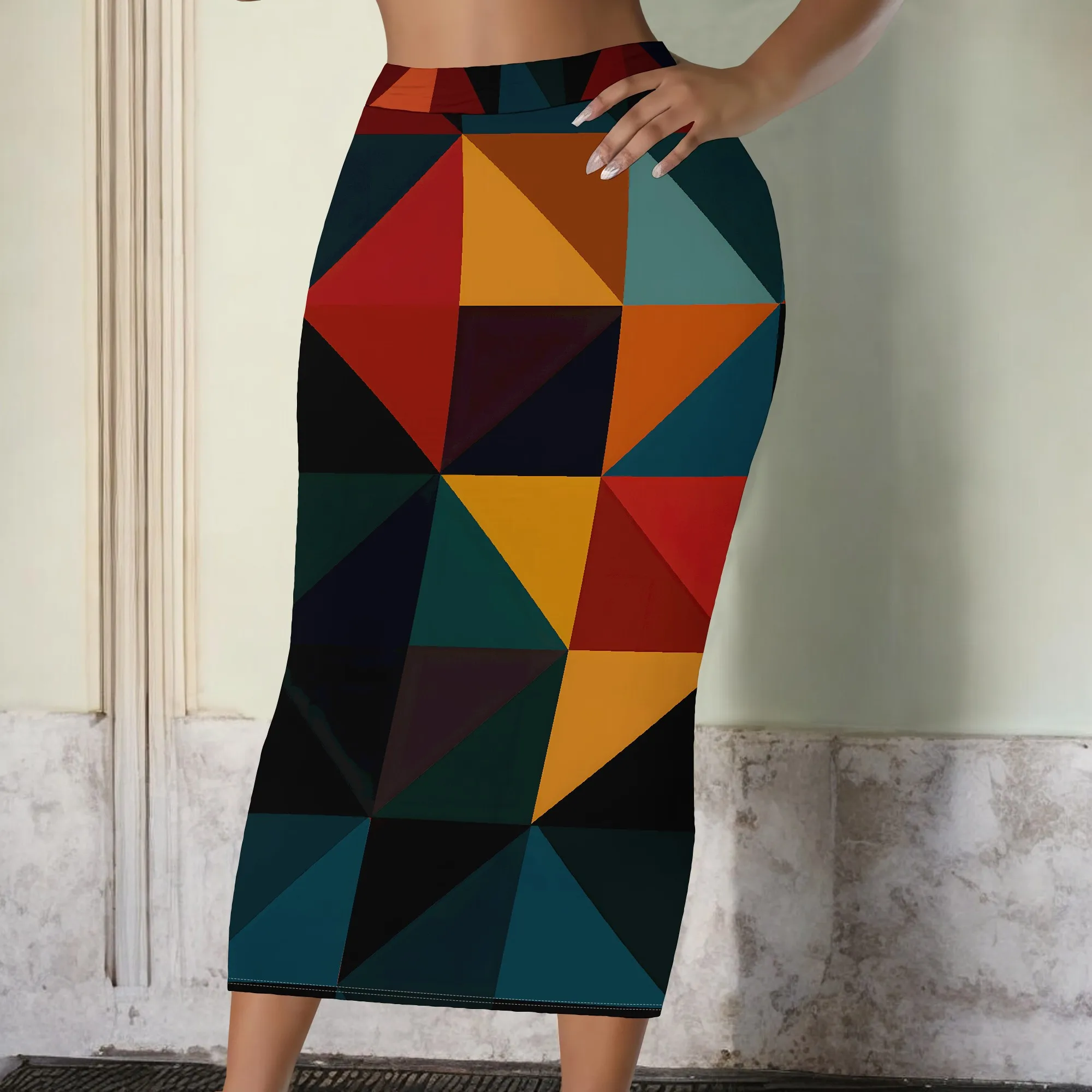 Geometric Print Midi Skirt, Abstract Triangle Pattern Pencil Skirt, High Waist Bodycon Skirt for Women Office Party Wear, S-3XL