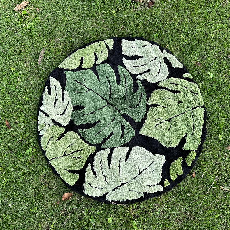 Round Green Monstera Tufted Rug Area Rug Tropical Leaf Plush Rug for Living Room Bathroom Home Fluffy Boho Plant Bath Mat