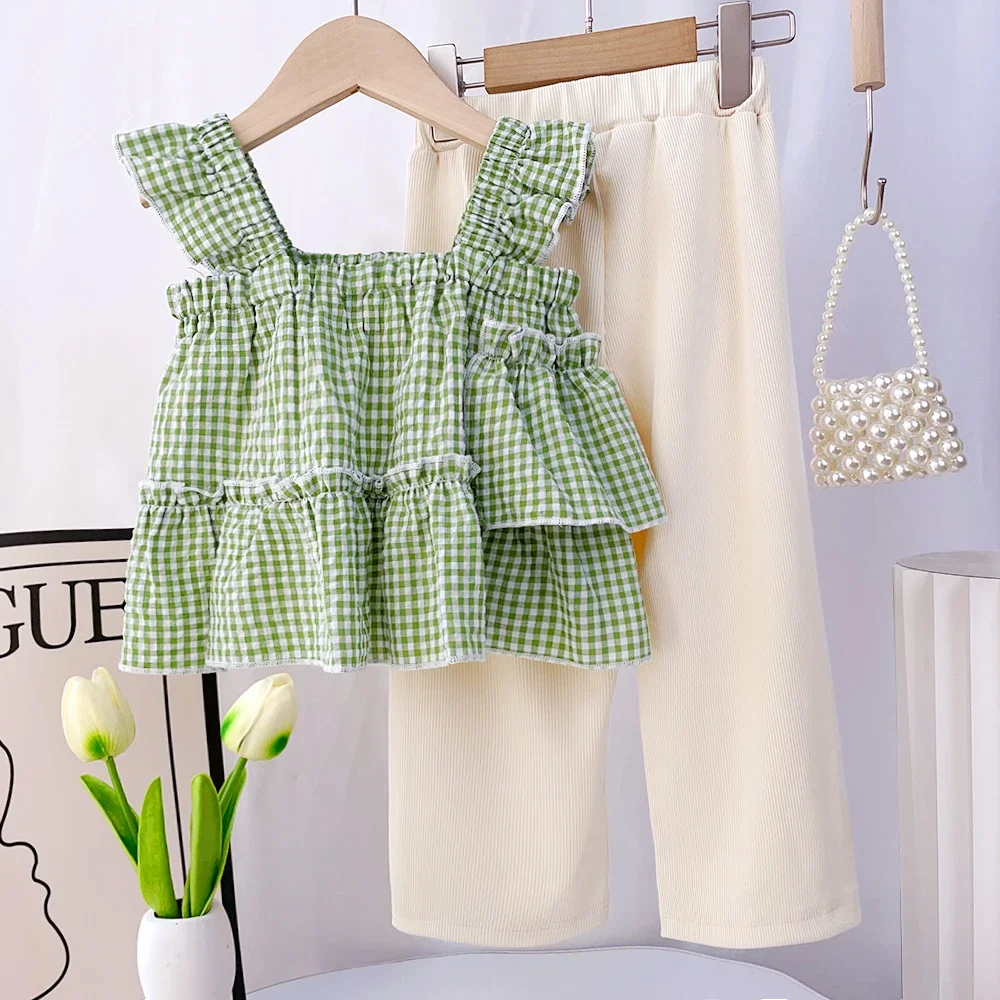 صيف جديد بنات ملابس كاجوال يومية بلا أكمام فحص تانك القمم + السراويل الصلبة 2 قطعة مجموعة 3-7 سنوات الاطفال موضة ملابس لطيف #2
