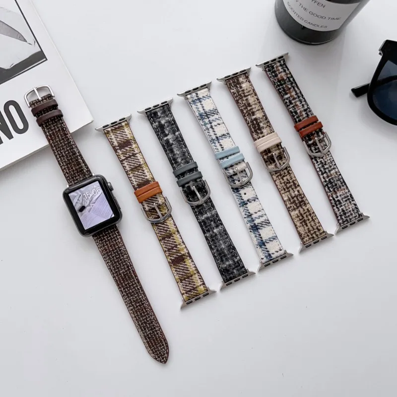 Woolen Cloth Strap For Apple Watch Series 9 8 7 6 5 SE 38/40/41/42/44/45mm Fashion Lattice Bracelet For iWatch UItra 2 49mm Band