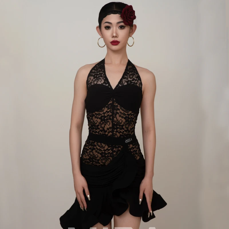 

New Black Lace Top Irregular Latin Skirt Women'S Samba Ballroom Dance Performance Costumes Adults Dancing Clothes SL10364