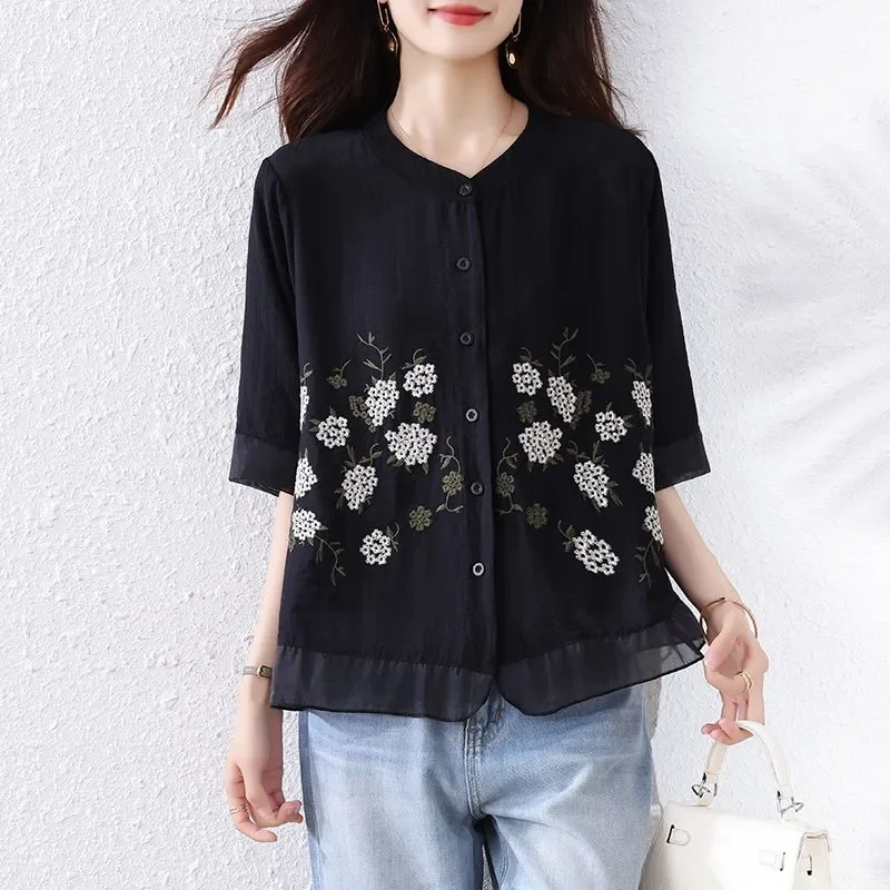 Summer New All Match Retro Style Shirt Loose and Slimming Versatile Short Sleeved Supply Elegant Fashion Top