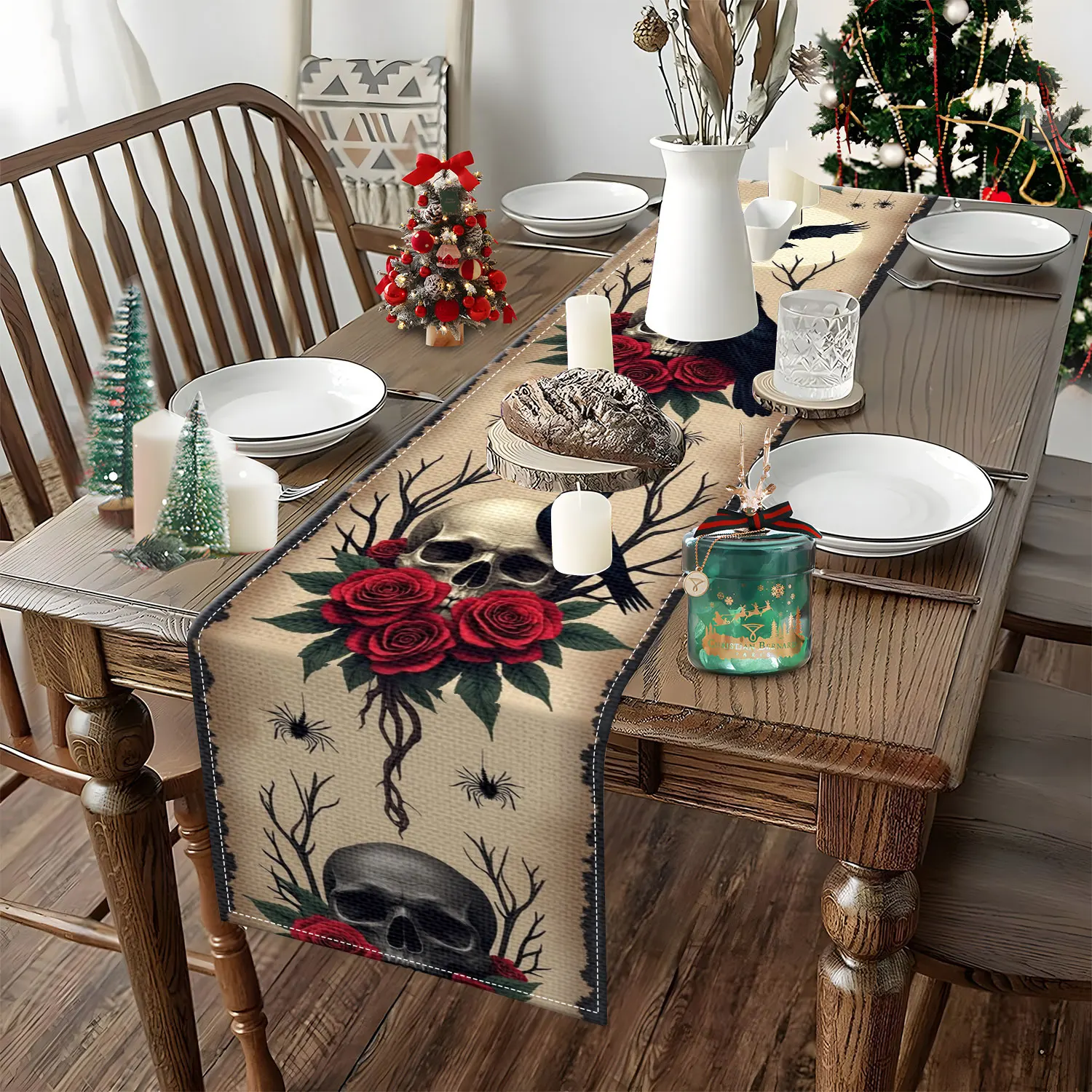 قطعة واحدة من مفرش الطاولة على الطراز القوطي الداكن، تتميز الجماجم القصيفة والورود الحمراء والعناكب، ومناسب لحفلات الحدائق وبيوت الضيوف على الطراز الريفي وفراغات الشاي الفنية وأكشاك السوق المصنوعة يدويًا #4