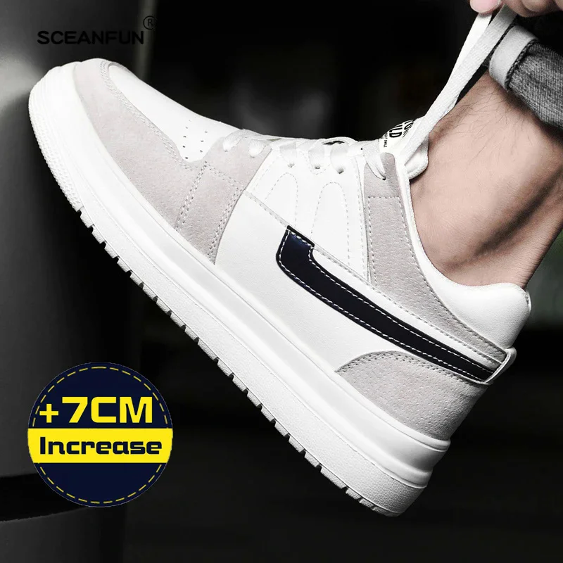 Zapatillas de deporte para hombre, zapatos con elevador, tacones ocultos, altura de elevación, zapatos de cuero genuino aumentada, plantillas de 7CM, aumento de altura deportiva para hombre