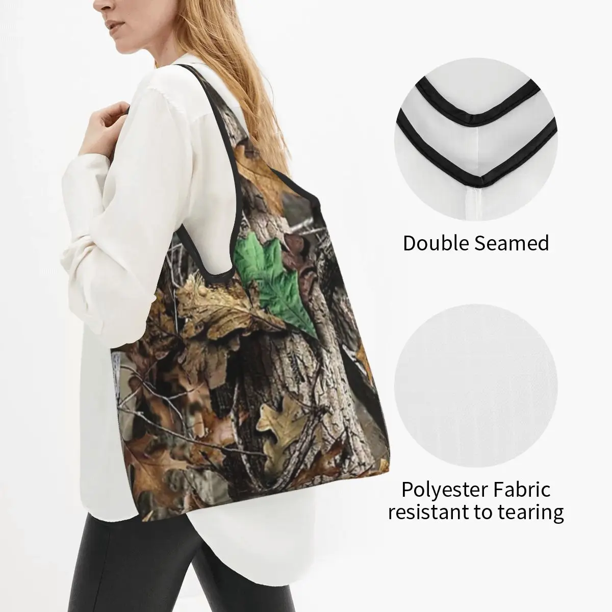 Real Tree Camouflage Portable Tote Shopping Bags Reusable Shopper Bag Groceries Handbag Shoulder Bag