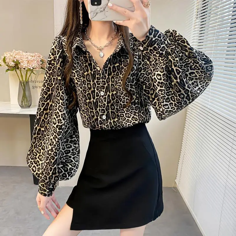 Vintage Printed Button Leopard Lantern Sleeve Shirt Women Clothing 2023 Spring Summer New Casual Tops Oversized Loose Blouse