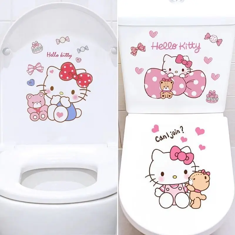 

Sanrio Hello Kitty Toilet Lid Stickers Bathroom Cute Pvc Waterproof Self-Adhesive Wall Sticker Cabinet Car Decorative Stickers