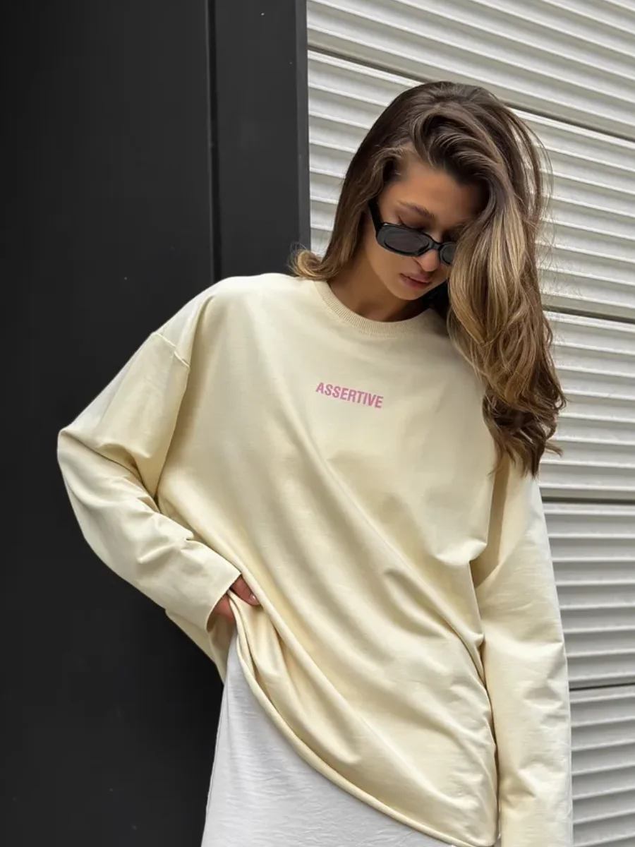 

ASSERTIVE Uniuqe Chic Printing 100% Cotton Long Sleeve T-shirts Thin Sweatshirt Autumn Retro Tops Hip Hop Female Loose Casual