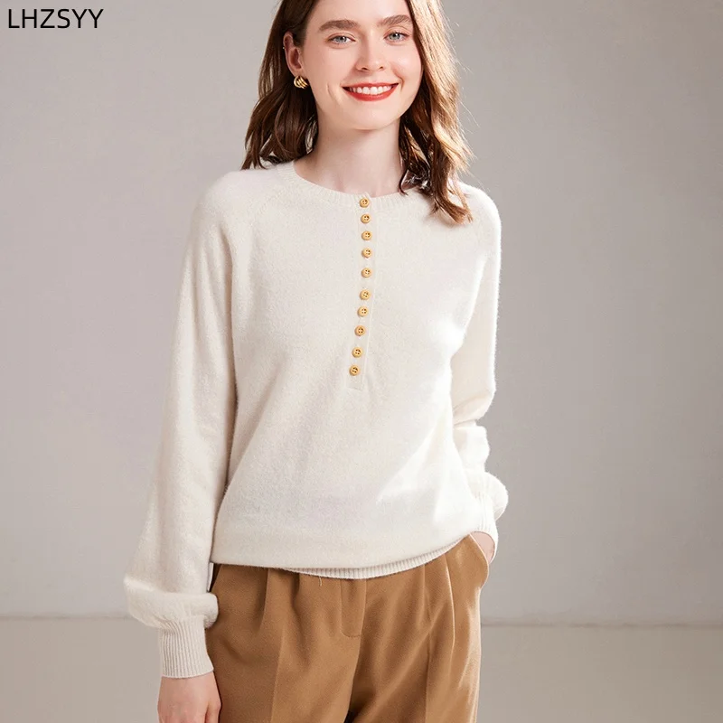 LHZSYY 100%Pure Goat Cashmere Sweater Ladies New Bubble Sleeve Pullover Buttons High-end Knit Base Shirt Autumn Joker Loose Tops