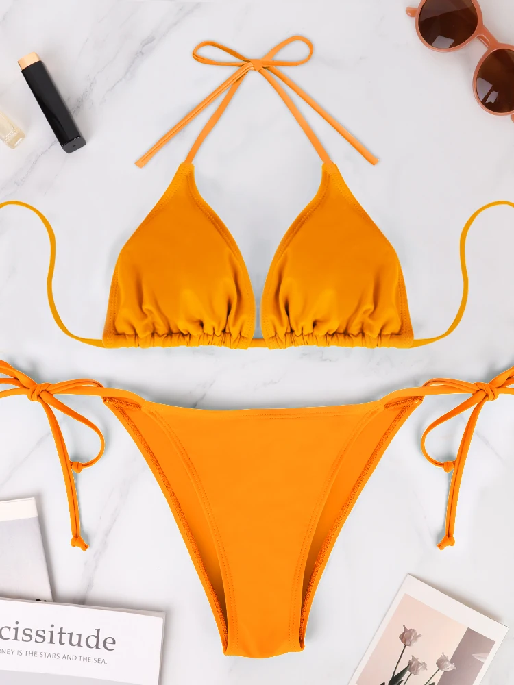 

Женский сексуальный комплект бикини, летний пляжный отдых, стиль, сплошной цвет, женский купальник-бикини с висячим вырезом и открытой спиной на шнуровке