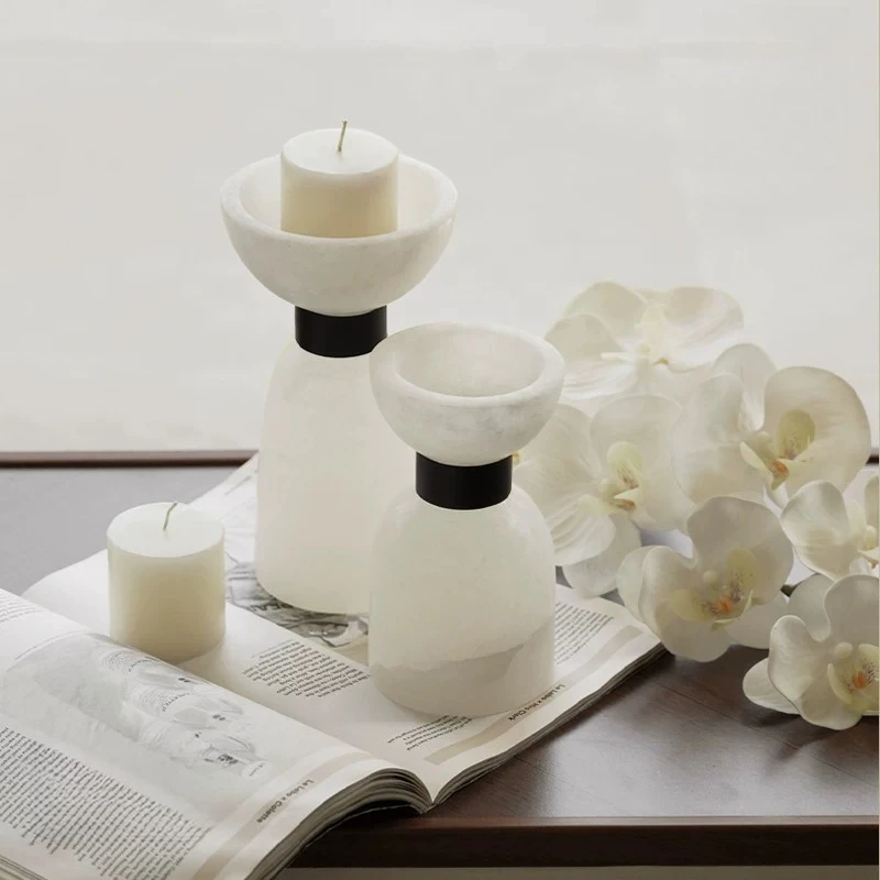 Minimalist Candle Holder Dining Table Candlestick Modern Home Candlesticks Natural White Stone Candles Stands Tabletop Ornament